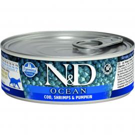 N&D Cat Ocean konzerv tőkehal&garnélarák sütőtökkel 80g